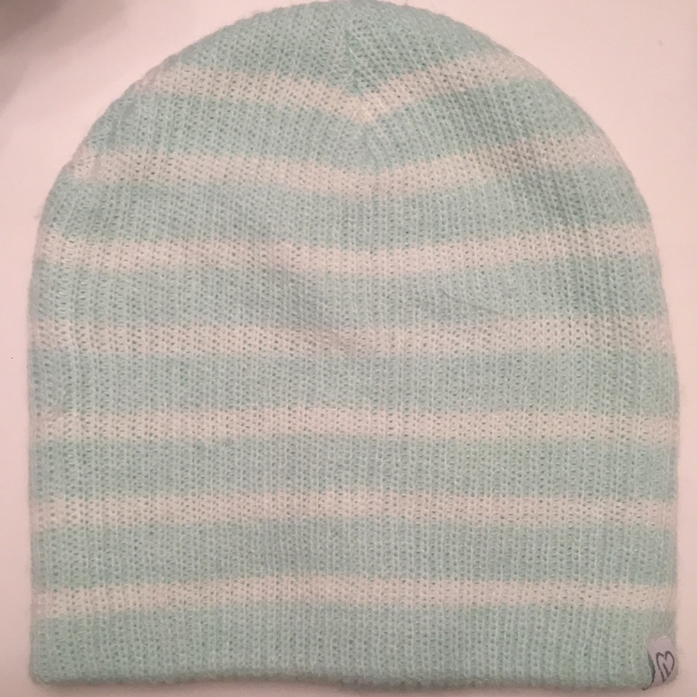 Mint colored striped beanie.
